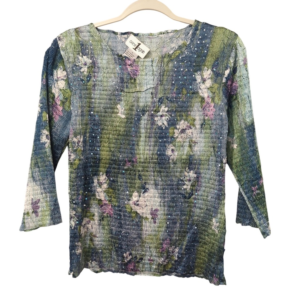 Y2K Crinkle Sequin Top Green Blue 3/4 Sleeve Blouse L